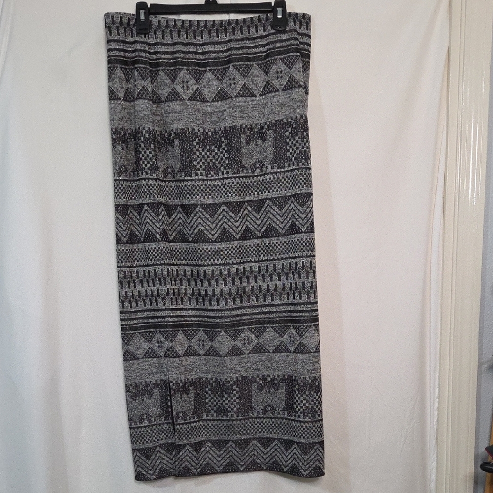 Zac & Rachel Womens Large Black Gray Metallic Geometric Knit Maxi Skirt Slit